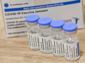 In this file photo taken on April 30, 2021 vials of the single-dose Johnson & Johnson Janssen Covid-19 vaccine are pictured at the ZNA Middelheim hospital in Antwerp.