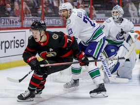 Brady Tkachuk in action against the Vancouver Canucks, Apr. 26, 2021..