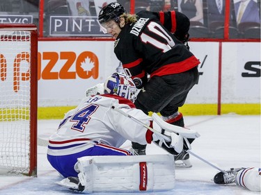 Ottawa Senators left wing Ryan Dzingel (10)  is stopped by Montreal Canadiens goaltender Jake Allen in the first period.