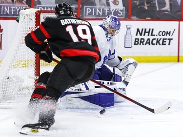 Toronto Maple Leafs goaltender Frederik Andersen (31) stops Ottawa Senators right wing Drake Batherson.