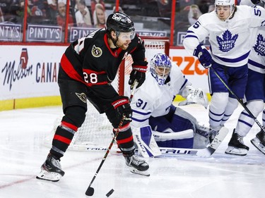 Ottawa Senators right wing Connor Brown (28) looks to pass in front of Toronto Maple Leafs goaltender Frederik Andersen (31) during the third period.