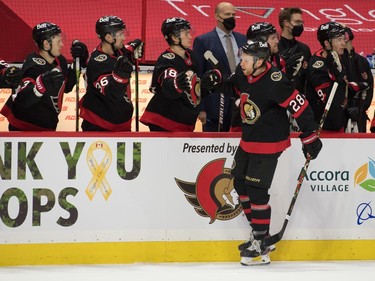 Ottawa Senators right wing Connor Brown (28) celebrates with team his goal scored in the first period against the Winnipeg Jets at the Canadian Tire Centre.