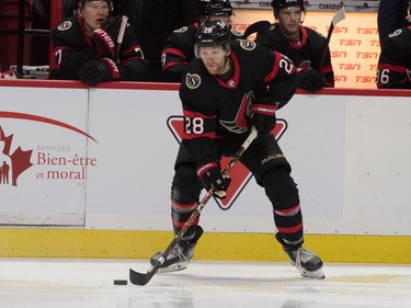 Ottawa Senators right wing Connor Brown (28) skates with the puck in the second period against the Winnipeg Jets at the Canadian Tire Centre.