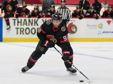 Ottawa Senators defenceman Victor Mete (98) controls the puck in the second period against the Winnipeg Jets at the Canadian Tire Centre.