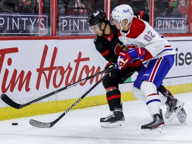 Ottawa Senators defenceman Artem Zub (2) battles with Montreal Canadiens left wing Artturi Lehkonen (62).