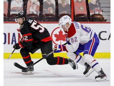 Ottawa Senators defenceman Olle Alsing (52) is in a foot race with Montreal Canadiens left wing Artturi Lehkonen.