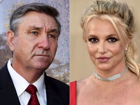 This combination photo shows Jamie Spears, father of singer Britney Spears, leaving the Stanley Mosk Courthouse in Los Angeles on Oct. 24, 2012, left, and singer Britney Spears at the Los Angeles premiere of "Once Upon a Time in Hollywood" on July 22, 2019.