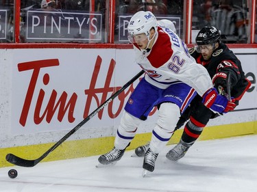 Ottawa Senators centre Colin White (36) pursues Montreal Canadiens left wing Artturi Lehkonen (62).