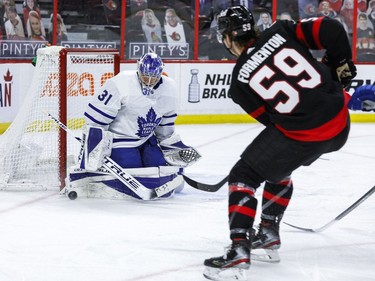 Toronto Maple Leafs goaltender Frederik Andersen (31) stops Ottawa Senators left wing Alex Formenton (59) during the first period.