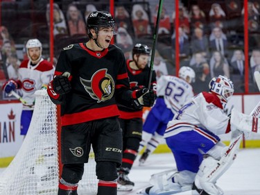 Ottawa Senators centre Shane Pinto (57) celebrates his first NHL goal against the Montreal Canadiens during the first period.