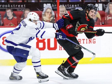 Ottawa Senators centre Logan Brown (27) and Toronto Maple Leafs centre Alex Galchenyuk during the first period.