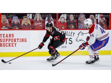 Ottawa Senators left wing Alex Formenton (59) pulls away from Montreal Canadiens defenceman Joel Edmundson (44) on his way to scoring during the third period.