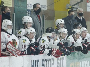 A file photo of the Brockville Braves bench during a CCHL scrimmage against the Cornwall Colts in early December 2020.