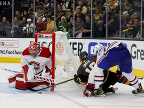 Carey Price of the Montreal Canadiens makes the save against Reilly Smith of the Vegas Golden Knights during the second period in Game 1 of the Stanley Cup semifinals at T-Mobile Arena on June 14, 2021, in Las Vegas.