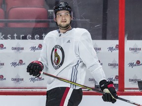 Logan Brown looks on during a Senators team practice at the Canadian Tire Centre.