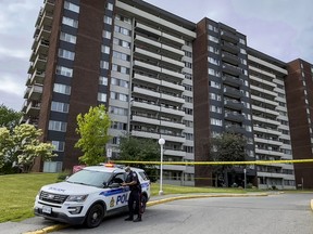 Police at a gun call on Halifax Drive. A man was found dead in an apartment after several shots were fired in the neighbourhood.