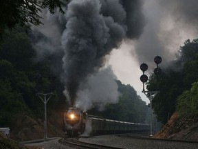 The restored former Norfolk and Western Railway J class steam locomotive 611 is seen in July 2015 in Blue Ridge, Va.