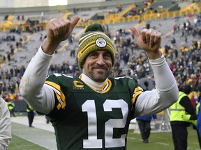 Aaron Rodgers of the Green Bay Packers reacts after getting the win against the Washington Redskins at Lambeau Field on Dec. 8, 2019 in Green Bay, Wis.