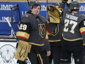 Marc-Andre Fleury of the Vegas Golden Knights waves as he leaves the ice after the team's 6-2 victory over the Minnesota Wild in Game 7 of the First Round of the 2021 Stanley Cup Playoffs at T-Mobile Arena on May 28, 2021 in Las Vegas, Nevada.