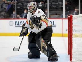 Goaltender Robin Lehner of the Golden Knights tends goal against the Avalanche during the second round of the 2021 Stanley Cup Playoffs at Ball Arena in Denver, May 30, 2021.