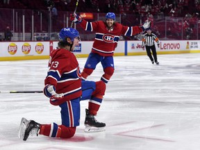 Montreal Canadiens forward Tyler Toffoli (73) reacts  after scoring the game- and series-winning goal against the Winnipeg Jets on Monday night.