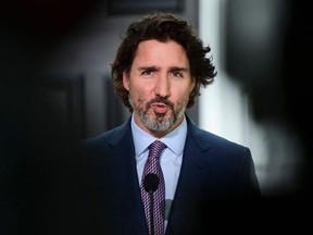 Canadian Prime Minister Justin Trudeau speaks during a news conference at Rideau Cottage June 25, 2021 in Ottawa.