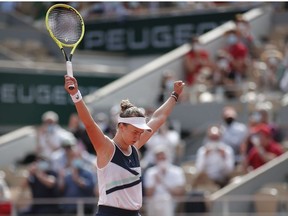 Czech Republic's Barbora Krejcikova celebrates after winning the final match against Russia's Anastasia Pavlyuchenkova