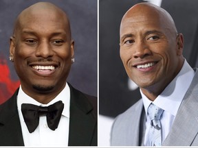 This combination photo shows Tyrese Gibson (left), and Dwayne 'The Rock' Johnson in Los Angeles.