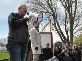Lanark, Frontenac, Kingston Independent MPP Randy Hillier spoke to protesters who gathered at the Eastern Ontario Health Unit's Pitt Street office in Cornwall on May 1, 2021.