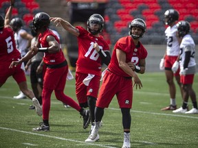 The Ottawa Redblacks returned to the field on Sunday, July 11, 2021, for the club's first practice of this year's training camp. Quarterback's Matt Nichols and Taryn Christion during training camp Sunday.