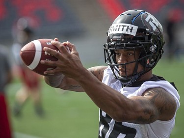 The Ottawa Redblacks returned to the field on Sunday, July 11, 2021, for the club's first practice of this year's training camp. Wide receiver Shannon Smith during training camp Sunday.