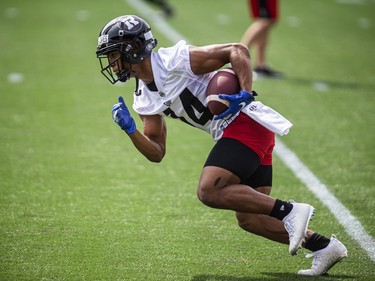 The Ottawa Redblacks returned to the field on Sunday, July 11, 2021, for the club's first practice of this year's training camp. Wide receiver Rafael Araujo-Lopes runs the ball during camp Sunday.