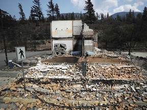 Damaged structures are seen in Lytton, B.C., on Friday, July 9, 2021, after a wildfire destroyed most of the village on June 30.