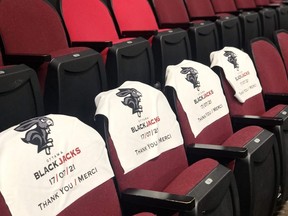 Rally towels were placed on chairs on July 16, 2021, in anticipation of spectators attending the next Ottawa BlackJacks basketball game.