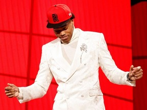 Scottie Barnes reacts after being drafted by the Toronto Raptors during the 2021 NBA Draft at the Barclays Center on July 29, 2021 in New York City.