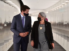 Prime Minister Justin Trudeau and Governor General-designate Mary Simon arrive are pictured at the Canadian Museum of History in Gatineau, Que., on Tuesday, July 6, 2021.