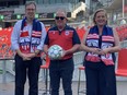 (Left to right) Ottawa Mayor Jim Watson, Atlético Ottawa president and strategic partner Jeff Hunt and Lisa MacLeod, Minister of Heritage, Sport, Tourism and Culture Industries and MPP for Nepean, announce Athlético Ottawa will have a Pay What You Want ticket initiative for its Aug. 14 home opener.