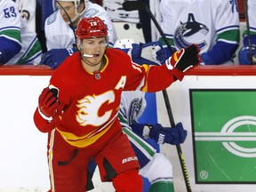 Calgary Flames Matthew Tkachuk reacts to a no call against the Vancouver Canucks in second NHL action at the Scotiabank Saddledome in Calgary on Wednesday, May 19, 2021.