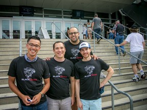 Fans return to the stands at an Ottawa sporting event on Saturday for the first time since March 2020. Buddies, from left: Greg Kung, Jaiman Chin, Zach Fentiman and Hardave Birk, were geared up in freshly purchased BlackJacks t-shirts before heading into the game.