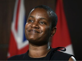 Annamie Paul, leader of the Green Party of Canada, speaks at a news conference on the news that New Brunswick MP Jenica Atwin had left the Green Party to join the Liberal Party, on Parliament Hill in Ottawa, on Thursday, June 10, 2021.