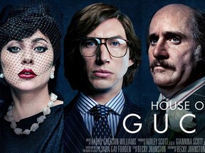 Lady Gaga, Adam Driver and Jared Leto are pictured a poster for the movie, "House of Gucci."