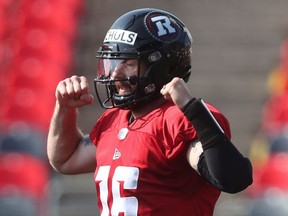A photo taken July 15 shows Ottawa Redblacks quarterback Matt Nichols in action in training camp. His participation has been limited this week.