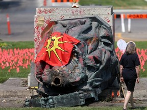 A statue of Queen Victoria at The Manitoba Legislature that was toppled on Canada Day and later had its head removed is seen here on Friday, July 02, 2/2021.