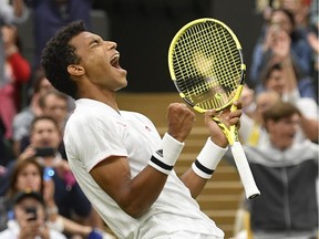 Canada's Felix Auger-Aliassime celebrates winning his fourth round match against Germany's Alexander Zverev at Wimbledon.