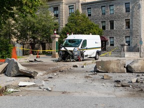 A stolen Hydro Ottawa van collided with a concrete barrier at the University of Ottawa on July 26.