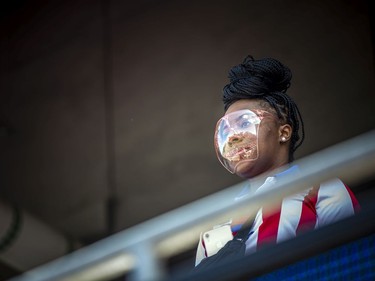 A fan in the stands at Atletico Ottawa's home game against the HFX Wanderers FC, Saturday, August 14, 2021.