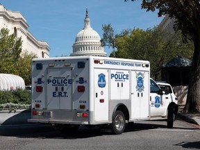US Capitol Police respond to a report of an explosive device in a pickup truck near the Library of Congress on Capitol Hill on August 19, 2021 in Washington, DC. The area around the building has been evacuated