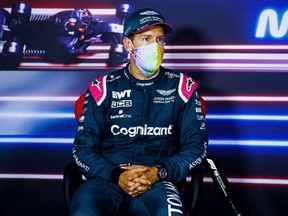 Second placed Sebastian Vettel of Germany and Aston Martin F1 Team talks in the press conference after the F1 Grand Prix of Hungary at Hungaroring on August 01, 2021 in Budapest, Hungary.