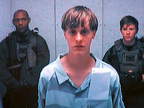 Dylann Storm Roof appears by closed-circuit television at his bond hearing in Charleston, S.C. June 19, 2015 in a still image from video.