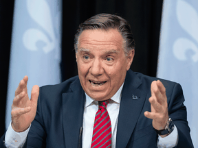 Quebec Premier Francois Legault during a news conference on the COVID-19 pandemic, Tuesday, March 23, 2021 at the legislature in Quebec City.